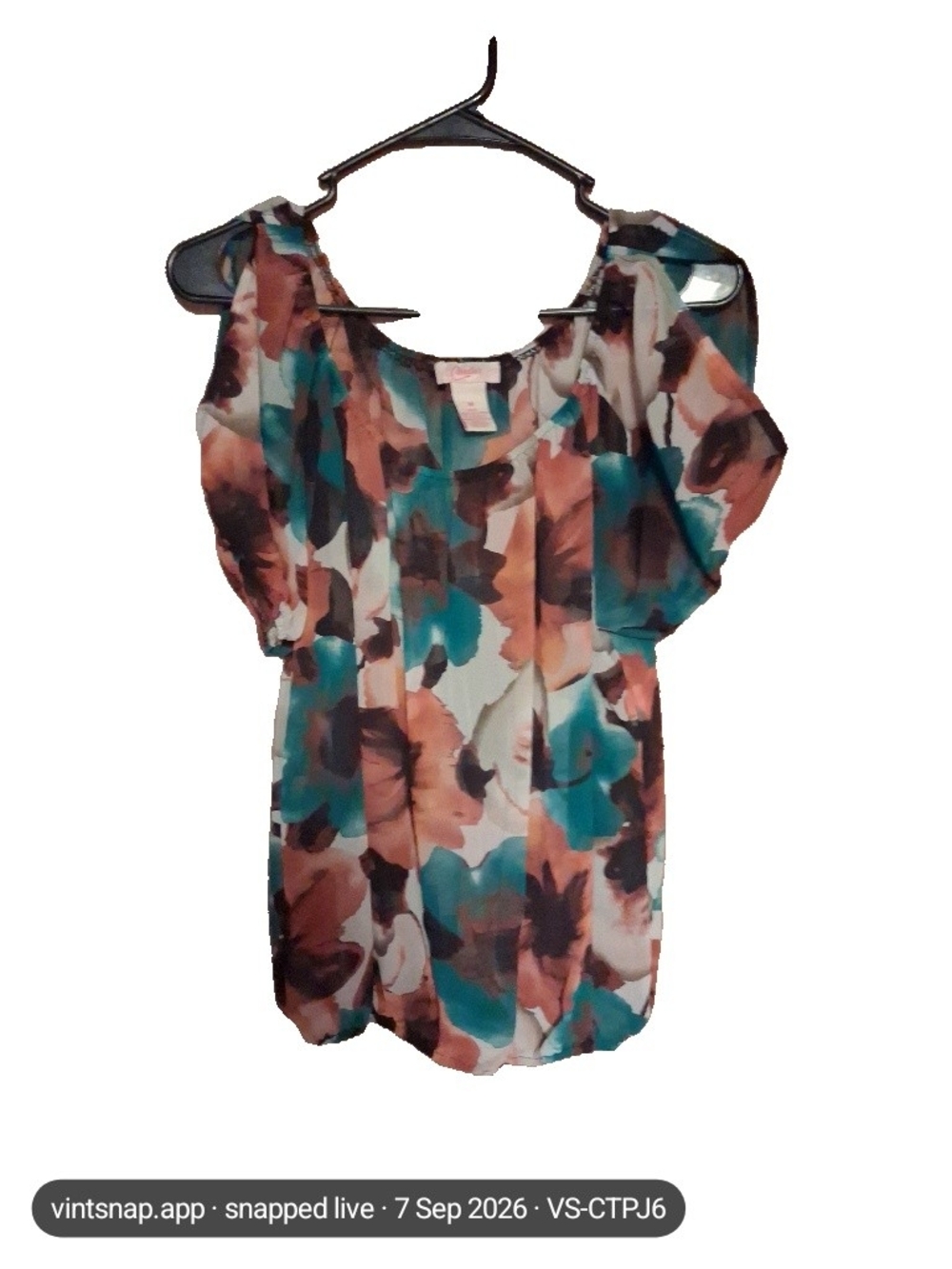 Candie's Floral Puff Sleeve Blouse in Teal, Coral & Brown